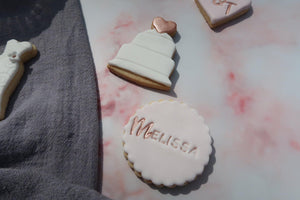 wedding cake cookie and bride's cookie, white, rose gold and pink