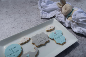 Godparent proposal cookie set, blues and greys, ryan and hannah from freddie, baby vest cookie, grey elephant cookie, white clouds cookie.  Sitting on white plate beside a toy bunny